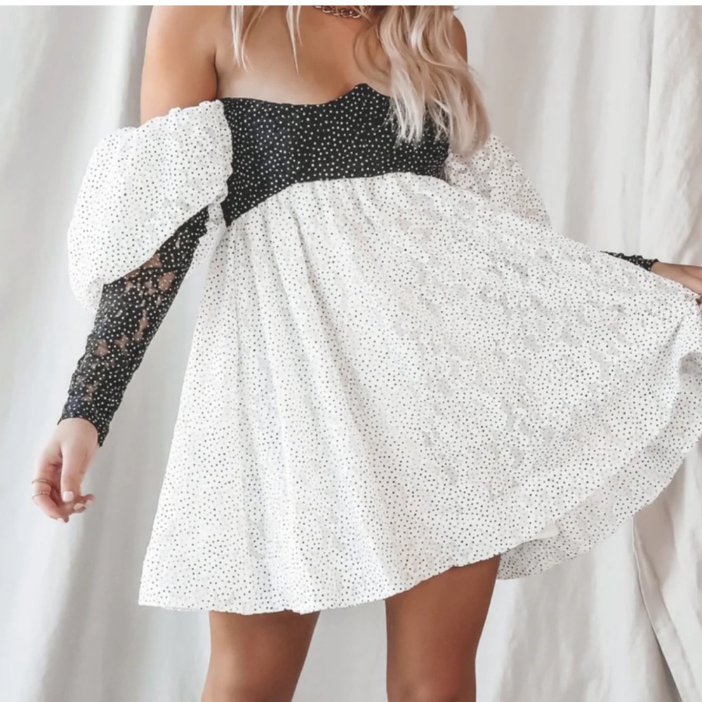 For Love & Lemons Clarisse Mini Dress Black & White Dot Size XS - Picture 2 of 7